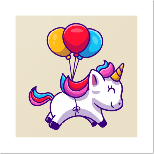 Cute Unicorn Floating With Balloon Cartoon Posters and Art